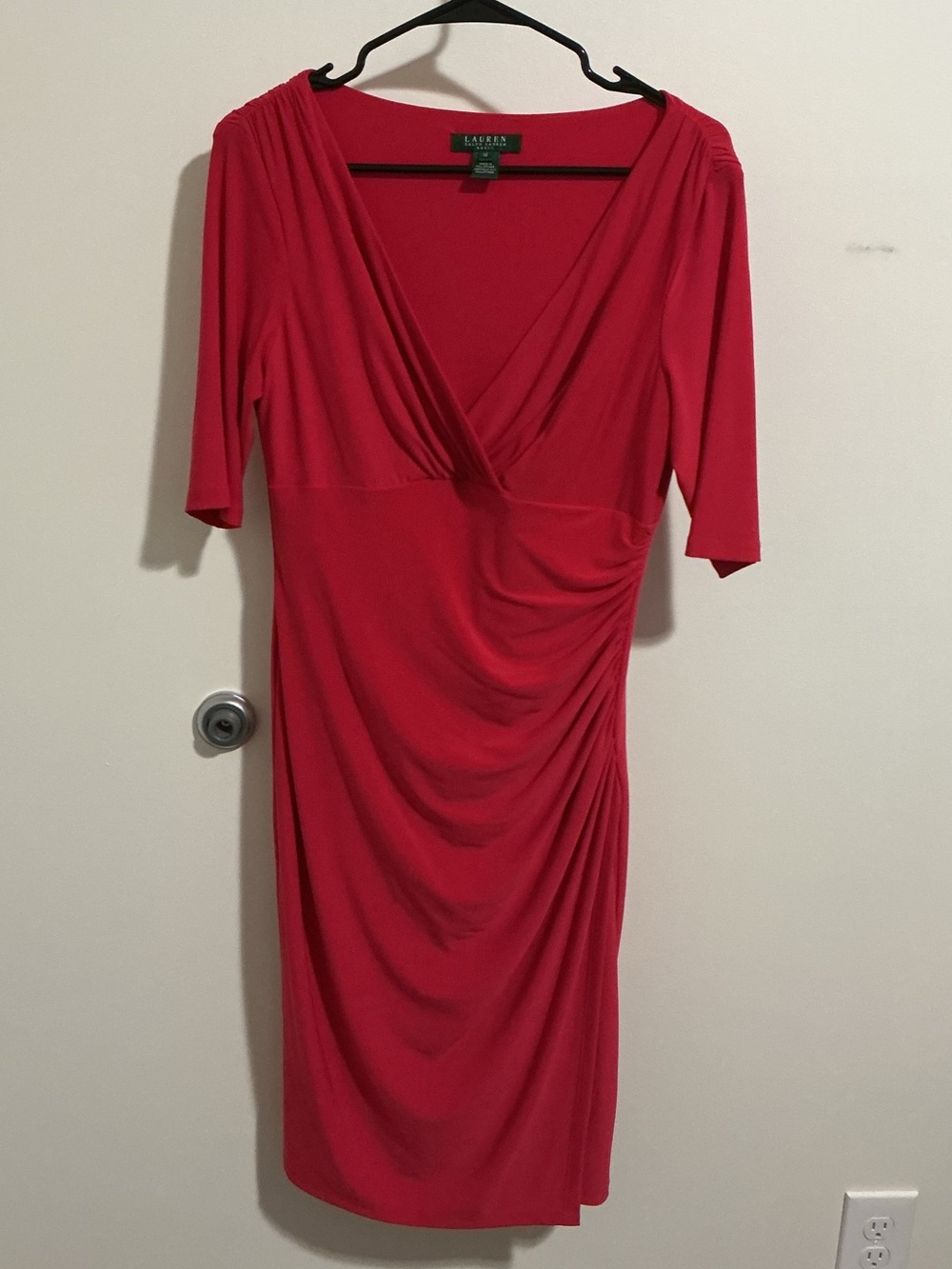 Lauren Ralph Lauren Size 10 Bright Red V-Neck Ruched Midi Dress Raglan Sleeve